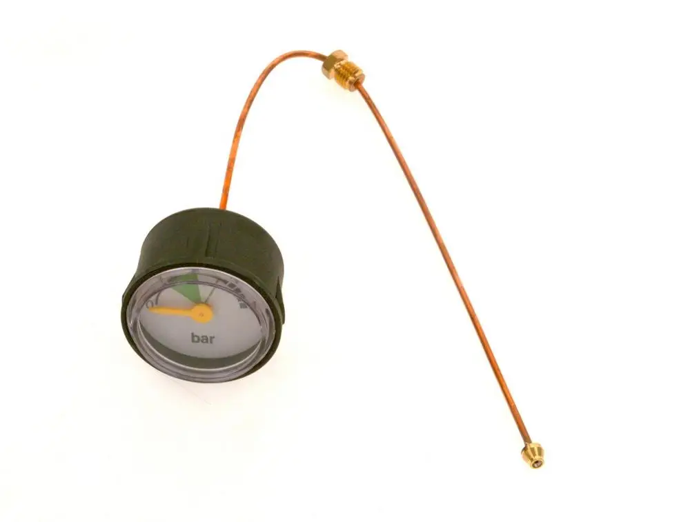 BOSCH Manometer mit analoger Anzeige und kurzem Kupferrohr für Druckmessungen. Die Skala zeigt Werte in bar an.